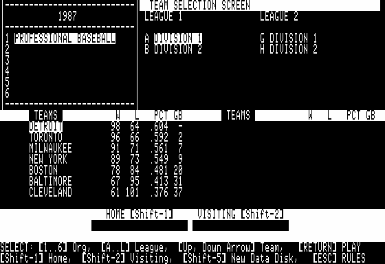 APBA Major League Players Baseball  (Apple ][) team selection